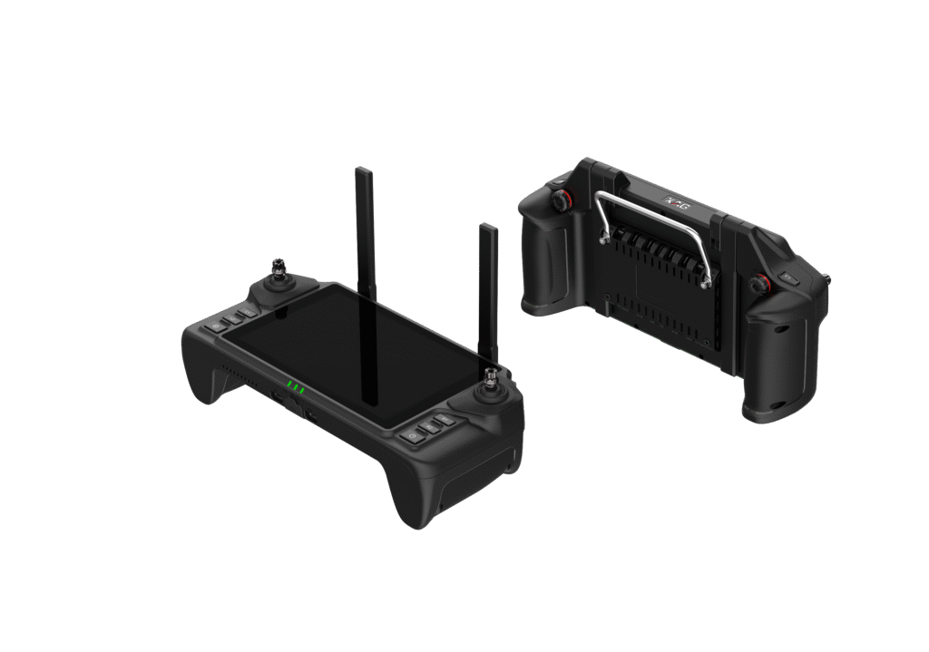 XAG SRC5 dual-hand remote controller shown from the front and back, featuring integrated touch screen, dual joysticks and fold-out antennas