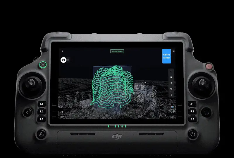 DJI Matrice 4E controller displaying 3D modelling views