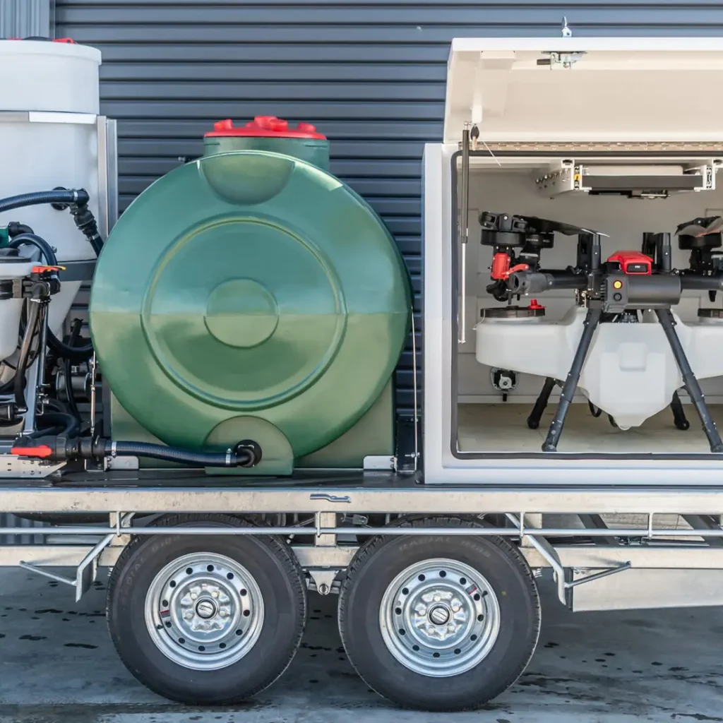 Airborne Fieldboss package setup on trailer with xag drone in toolbox